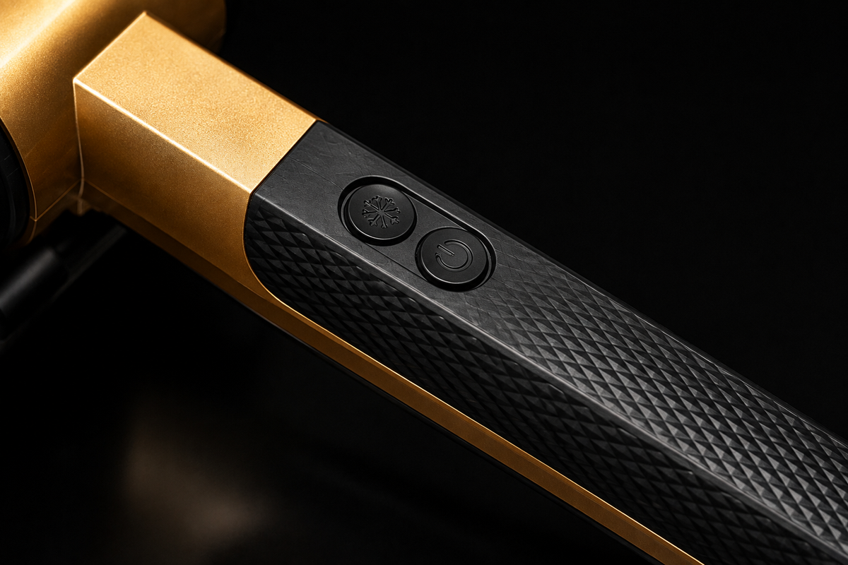 Close-up of FireClean Pro handle and power controls with textured grip