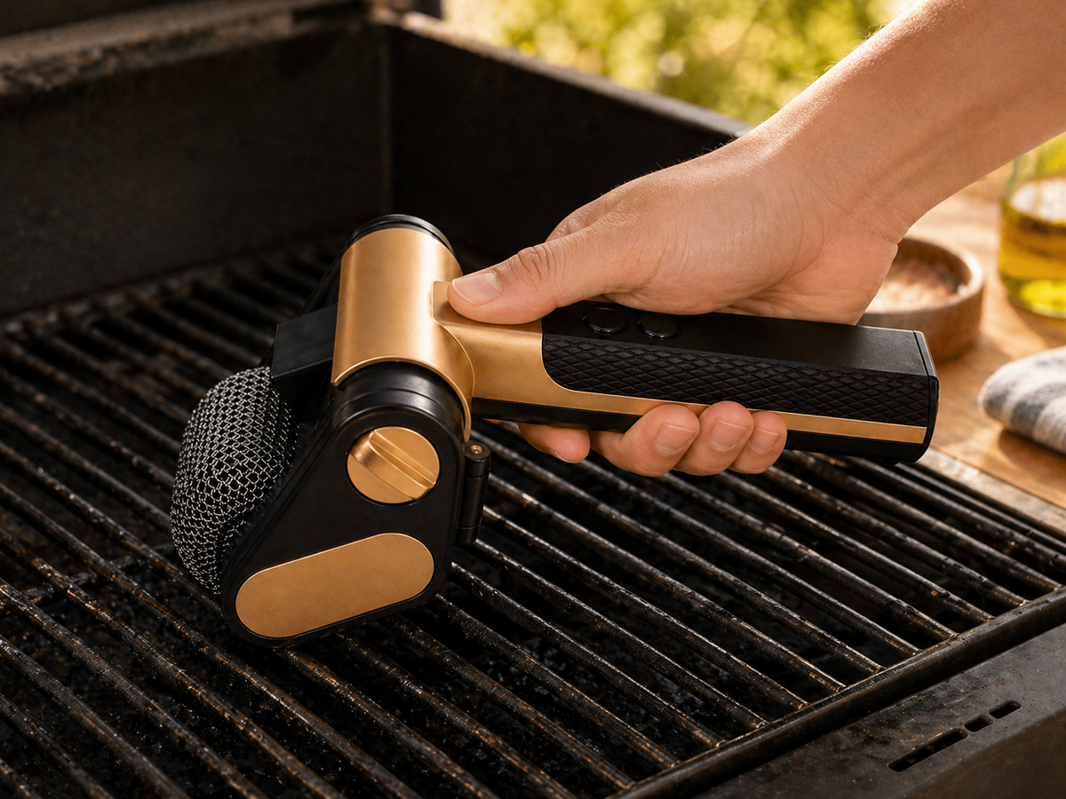 FireClean Pro electric grill cleaner with stainless steel roller cleaning a braai grill