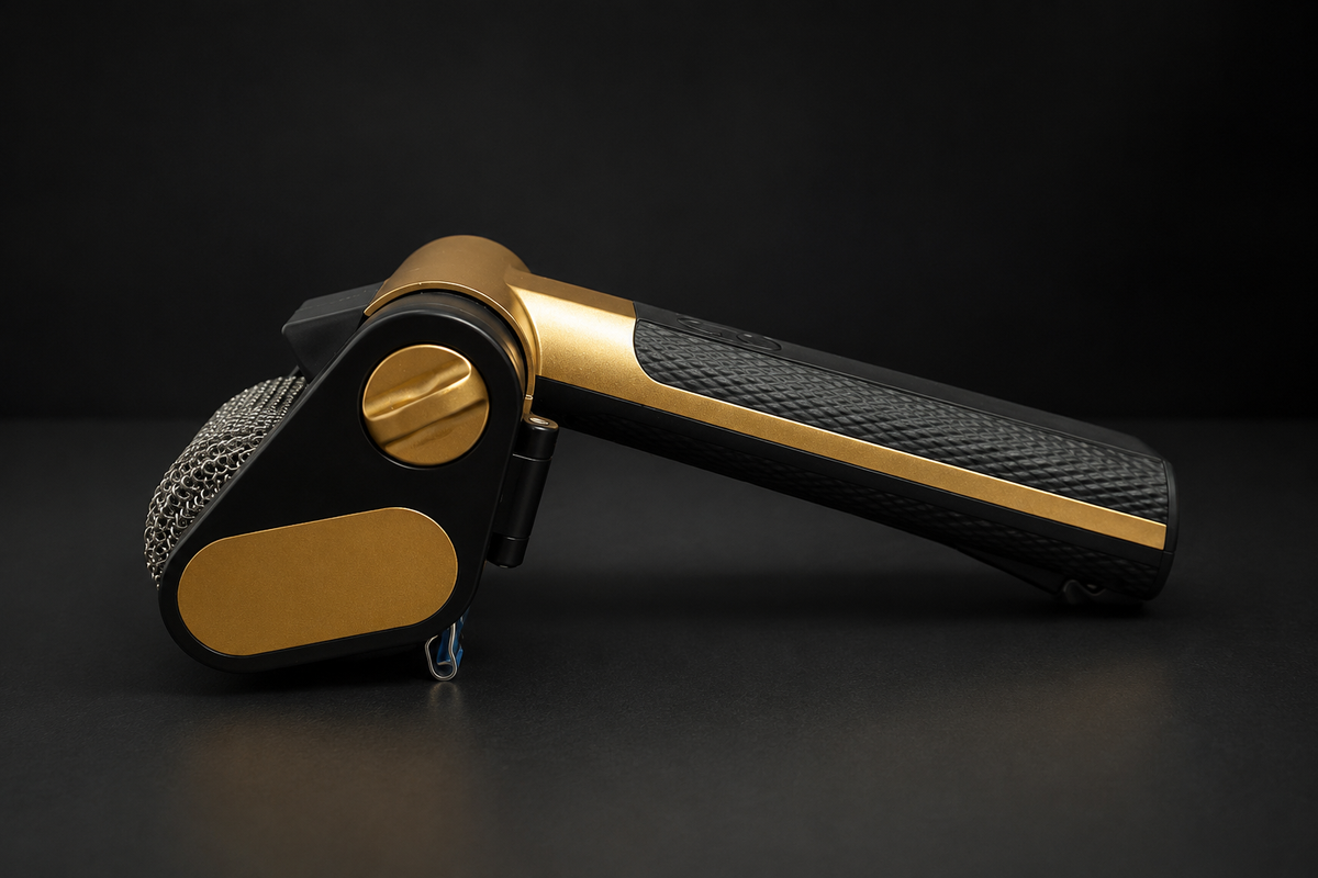 FireClean Pro cordless braai grill cleaner showing its stainless steel roller and handle